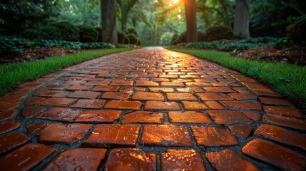 Red Brick Pathway, Minimalist Outdoor Design: Wooden Plank and Red Brick Pathway in Scenic Setting