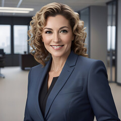 portrait/studio photograph/headshot of a smiling blonde businesswoman with curly blond hair wearing a charcoal gray suit in an office - confident, competent employee or executive