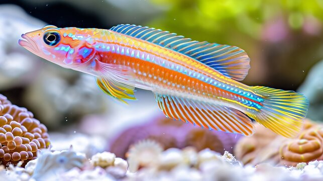 Colorful dottyback fish swimming among vibrant corals in a saltwater aquarium environment