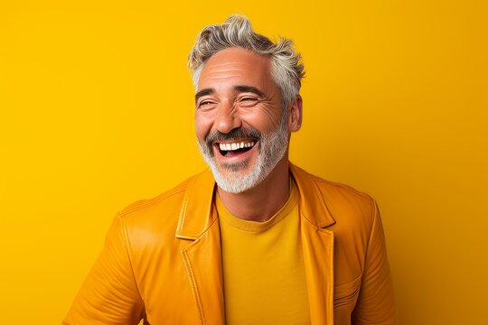 Portrait Of A Happy Senior Man Laughing And Looking At Camera Over Yellow Background