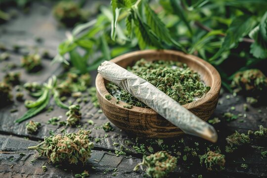 Close-up marijuana joint with trichomes and crushed weed in a grinder