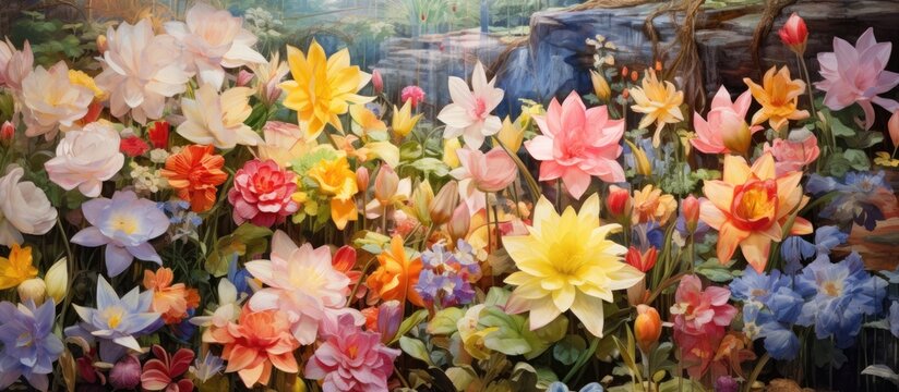 A painting showcasing a variety of colorful Carnati flowers in full bloom in a tranquil garden setting. The flowers are abundant, each petal and stem detailed with precision, creating a lively and