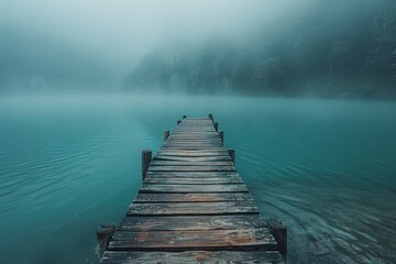 A wooden dock extends into a fog-shrouded, turquoise lake, creating a sense of calm and mystery in a serene landscape