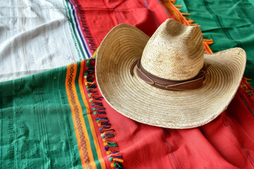 straw mexican sombrero hat on colorful woven fabric