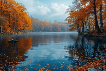 Obraz premium A peaceful autumn scene with a reflective lake surrounded by trees with vibrant orange leaves under a calm blue sky