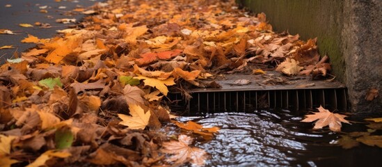 A collection of fallen leaves is lying on the ground, covering a storm drain and potentially leading to flooding during heavy rainstorms. The leaves have accumulated in a dense mass, creating a