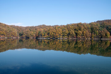 Reflection of the autumn mountain on the lake
