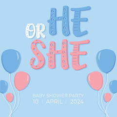 Baby Shower or gender party card.  invitation gender party. Cute bunny and balloons. vector illustration