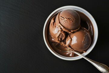 Decadent Chocolate Ice Cream Scoops in Bowl with Spoon - Dessert Close-Up. Generative AI.
