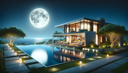 Elegant contemporary house with open living spaces, modern furniture, and a reflection pool lit by ambient lights, with a backdrop of a radiant full moon and ocean horizon.
 - obrazy, fototapety, plakaty