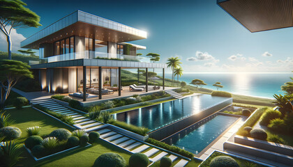 Tranquil luxury home with reflective infinity pool, manicured gardens, and ocean vistas, under a clear blue sky with sunlight filtering through palm trees. - obrazy, fototapety, plakaty