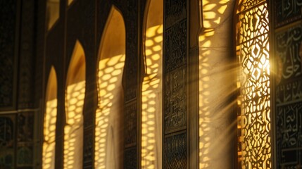 Creative traditional windows in Arabesque style, sunset light entering the building, Islamic concept
