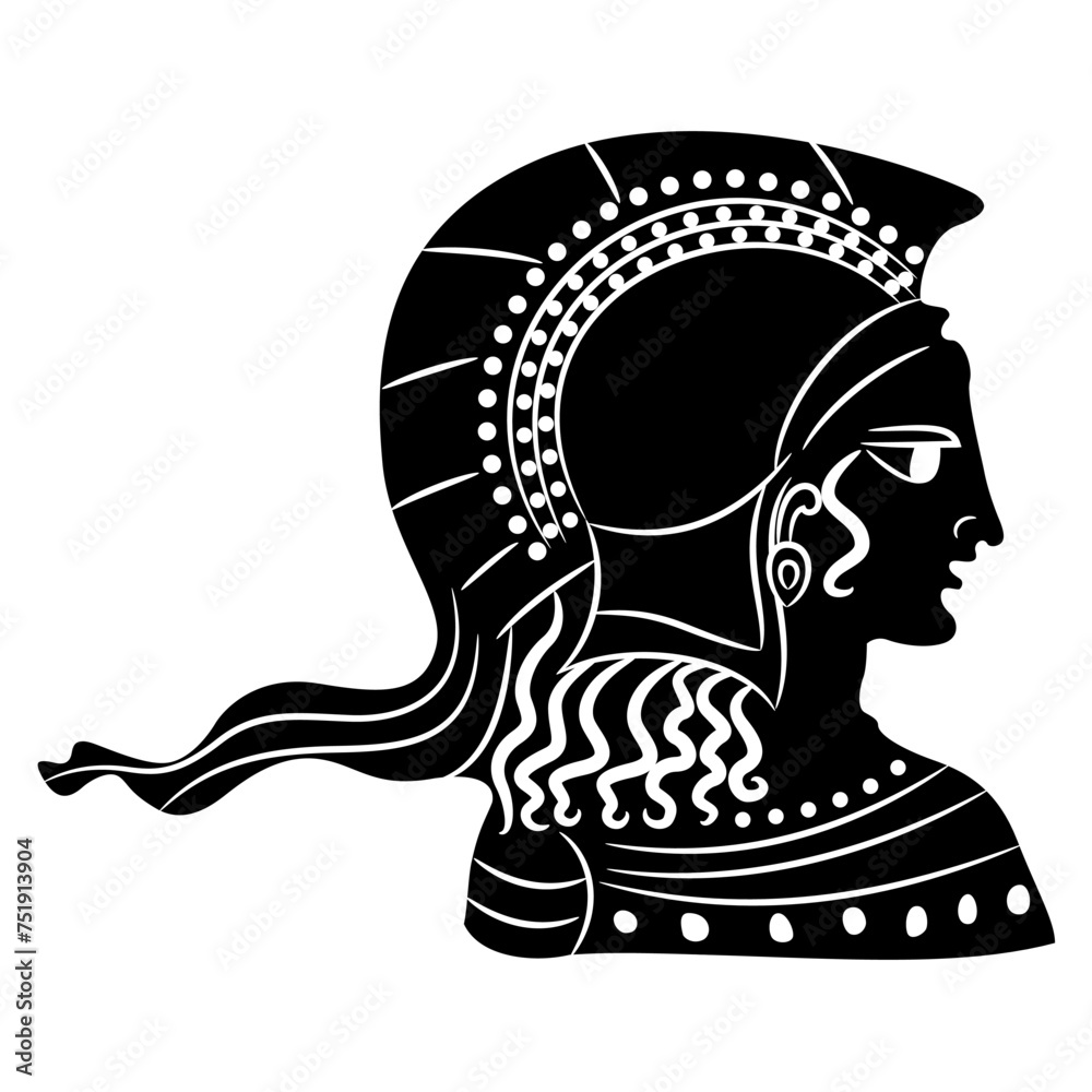 Wall mural Head of goddess Athena or Minerva wearing helmet in profile. Ethnic Ancient Greek vase painting style. Black and white silhouette.