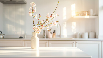 白く美しいキッチンのカウンターの上に、花瓶に活けられた桜の枝がある