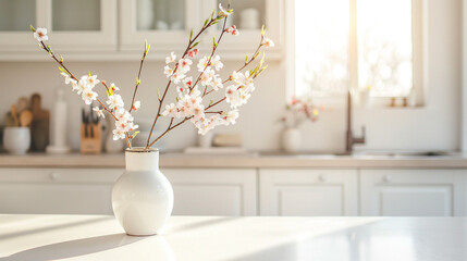 白く美しいキッチンのカウンターの上に、花瓶に活けられた桜の枝がある - obrazy, fototapety, plakaty