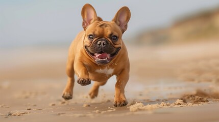 Excited French Bulldog Running on Beach