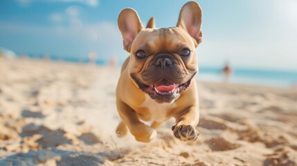 Joyful French Bulldog Running on Sunny Beach