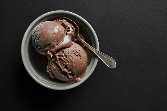Decadent Chocolate Ice Cream Scoops in Bowl with Spoon - Dessert Close-Up. Generative AI.
