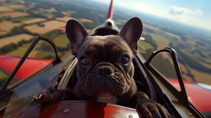 Adventurous French Bulldog Co-Piloting a Small Airplane Above Rural Landscape