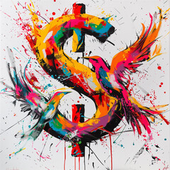 Colorful Dollar Sign with Bird Splattered Paint