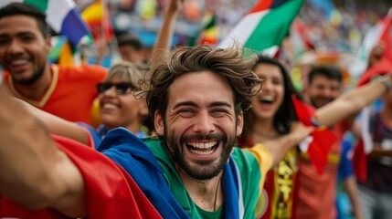 Joyful Soccer Fan Celebrating with a Multinational Crowd at a Stadium