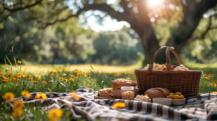Rustic wicker picnic basket filled with fruits, bread, and cheese, and a couple of vintage, mismatched ceramic plates and cups on checkered blanket under meadow under a large, sunny summer day in park - obrazy, fototapety, plakaty