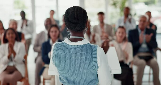 Businesswoman, speaker or seminar by professional, applause and celebration for presenter. Achievement, public speaking and mentor for audience, corporate and communication at workshop or training