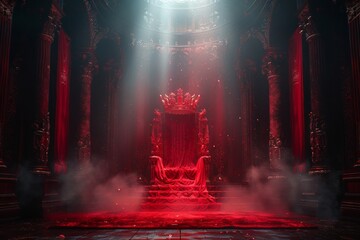 A red luxury chair in a kingdom with a large window behind. King Throne illustration image. Generative AI. - obrazy, fototapety, plakaty