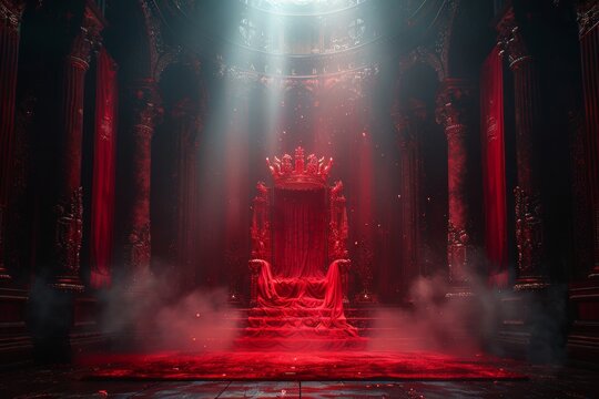 A red luxury chair in a kingdom with a large window behind. King Throne illustration image. Generative AI.