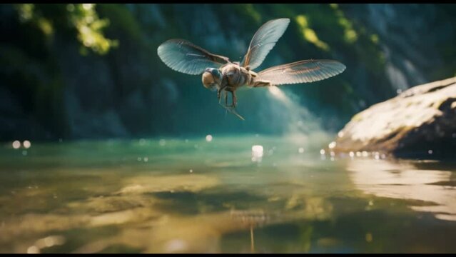 dragonfly flying over the water