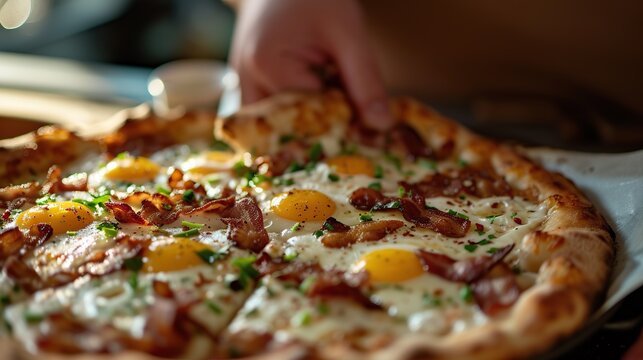 A bacon and egg breakfast pizza served on a wooden breakfast tray