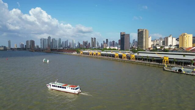 Aerial View of Docks Station and Belem City Skyline and Boat in River