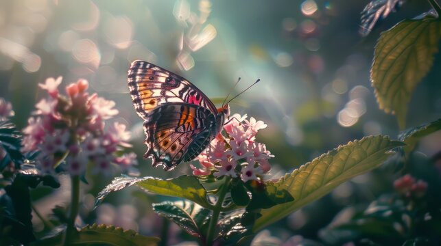 Butterfly with intricate patterns, resting gently on a flower in the heart of a lush garden. generative ai