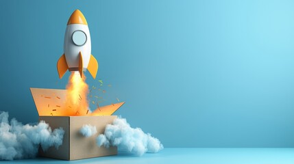 3d rocket launching from cardboard box on pastel color background, startup business concept