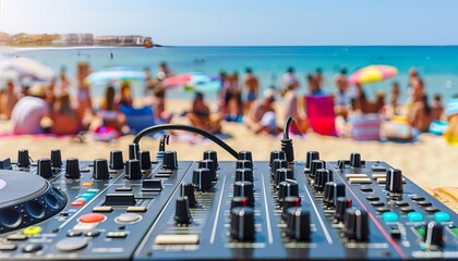 Beach party dj mixing with crowd in blurred background, outdoor event with space for text placement