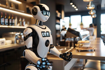 Futuristic Robot Server Ready to Assist in Modern Cafe Environment