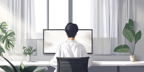 Man in White Shirt Seated at Desk with Computer in Sunny Room. Concept of online education, e-learning