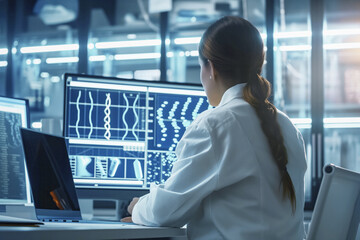 Scientist Analyzing Complex Data on Multiple Screens in High-Tech Laboratory Setting