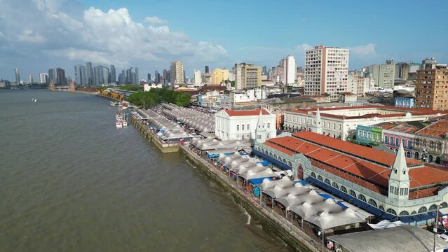 Aerial View of Popular Market Ver o Peso by the River and Belem City
