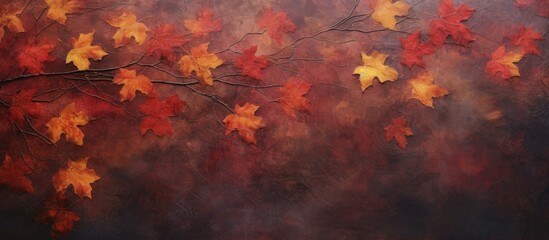 The painting showcases a variety of autumn leaves in vibrant hues of red, orange, and yellow against a dark, textured black background. The leaves are delicately painted with intricate details