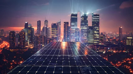 Fotobehang Photograph portraying a moment of tranquility amid a solar-powered cityscape. emphasizing the serene beauty of a city illuminated by clean and renewable solar energy. © Nawarit