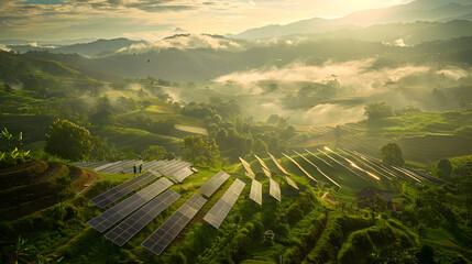 Photograph capturing the harmony between nature and renewable energy. The integration of solar panels into the landscape, with a focus on a human figure interacting with the clean energy source. - obrazy, fototapety, plakaty