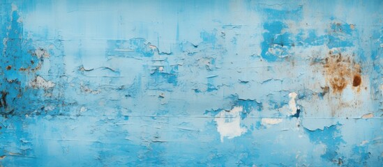 The image shows a blue wall with peeling paint, revealing the metal surface underneath. The peeling paint is in various stages of deterioration, creating a texture that adds character to the wall.