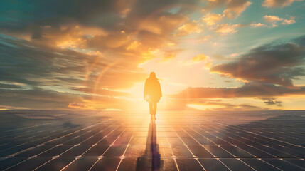 An inspiring photograph illustrating a person on a mid-journey, surrounded by solar panels that symbolize the power of clean energy. The image radiates hope and progress. - obrazy, fototapety, plakaty