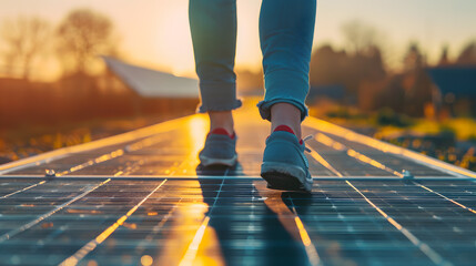 An inspiring photograph illustrating a person on a mid-journey, surrounded by solar panels that symbolize the power of clean energy. The image radiates hope and progress. - obrazy, fototapety, plakaty