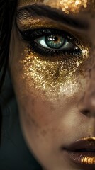 Naklejka premium Portrait of a golden female face in natural, minimalist beauty. Close-up of woman's face in dramatic lighting with avant-garde fashion gold makeup.