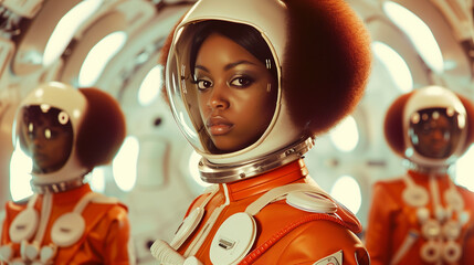 a stunning black woman clad in an orange space suit, her afro emerging from her helmet - Powered by Adobe