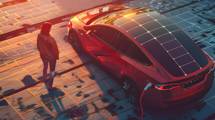 Image the living through the lens of solar-powered transportation. A person charging an electric vehicle with solar panels, symbolizing a cleaner and greener future for mobility.