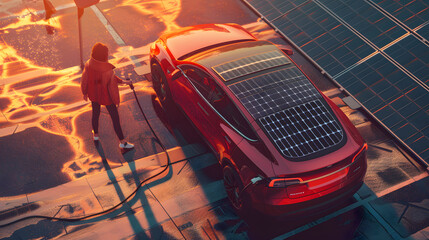 Image the living through the lens of solar-powered transportation. A person charging an electric vehicle with solar panels, symbolizing a cleaner and greener future for mobility.