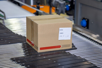 Cardboard Box Gliding on a Warehouse Conveyor. Streamlined Packaging on the Move in Automated...